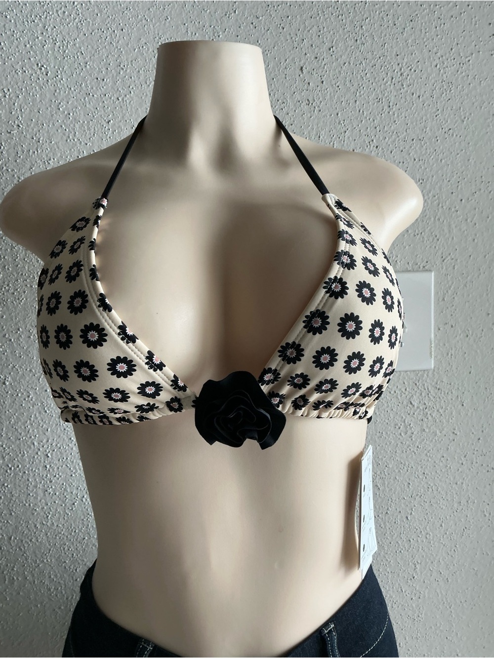 Salt + Cove Beige Floral Triangle Bikini Top with Black Flower Accent